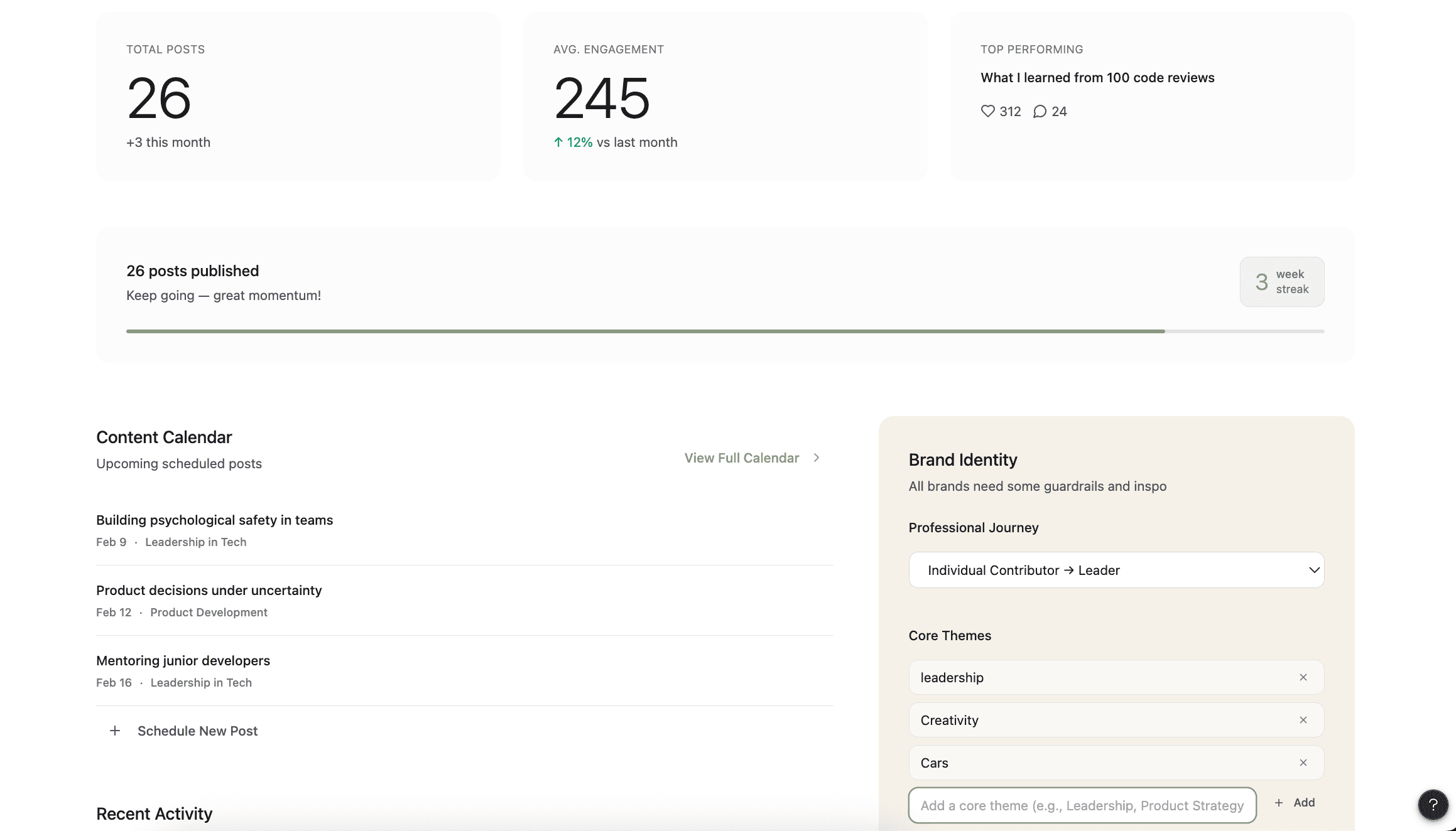 Valin brand manager dashboard showing total posts, engagement metrics, and content calendar