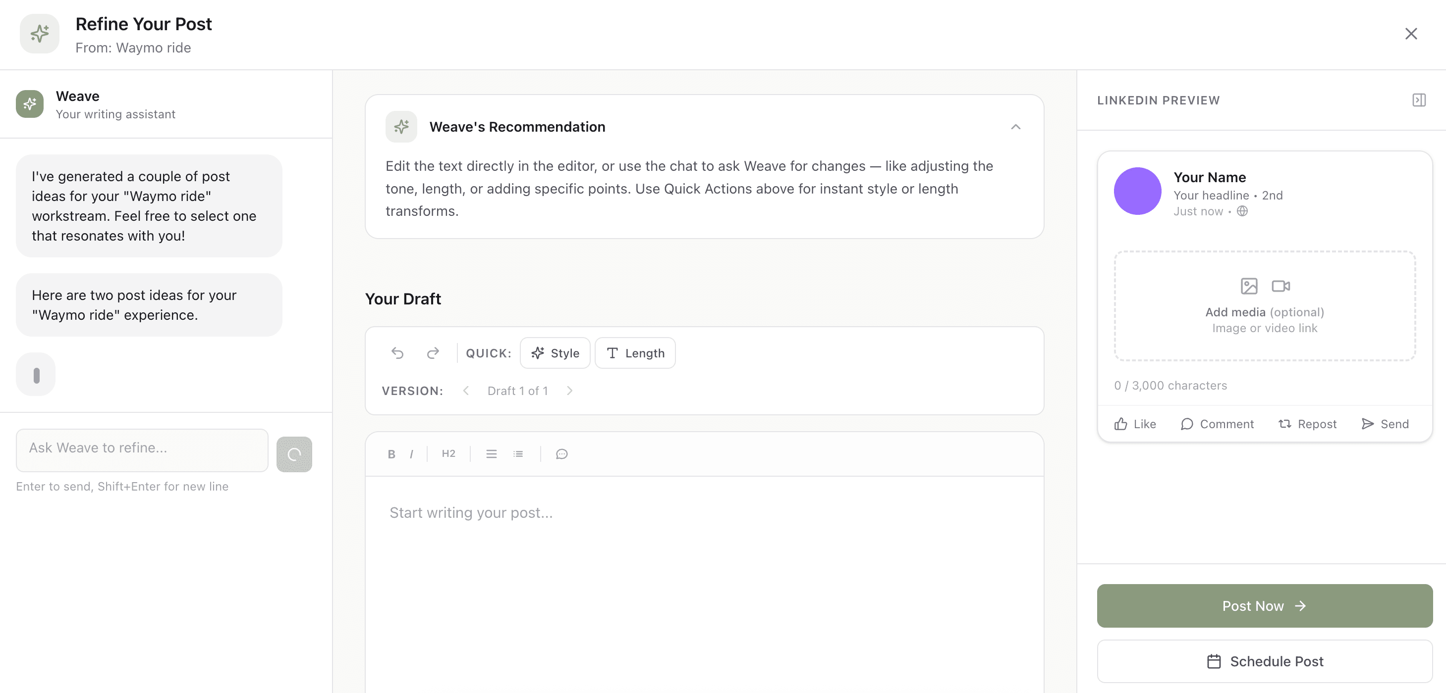 Valin editor showing AI-assisted post drafting with LinkedIn preview