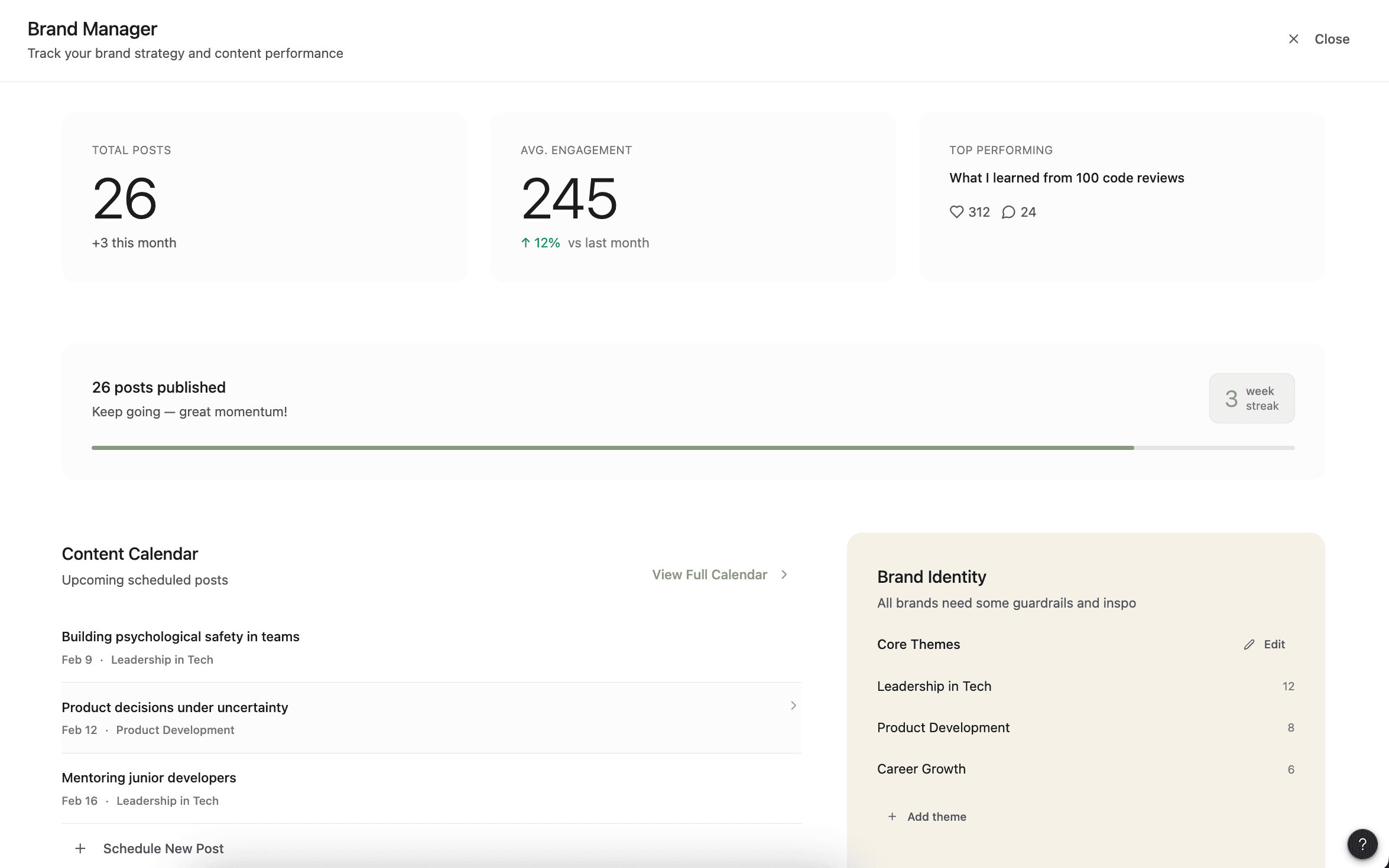 Weave brand manager dashboard showing total posts, average engagement metrics, and content calendar for tracking your personal brand growth